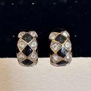 1980s Vintage Black and Gold Rhinestone Clip Earrings